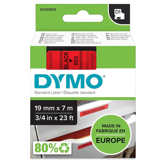 DYMO Authentic D1 Labels, Black Print on Red Tape, 19mm x 7m, Self-Adhesive Labels for LabelManager & MobileLabeler Label Printers