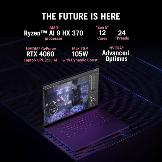 ASUS ROG Zephyrus G16,AMD Ryzen AI 9 HX 370 Gaming Laptop(NVIDIA RTX 4060-8GB/100W TGP/16GB/1TB/2.5K QHD+/16 inch/240Hz/Windows 11/M365 Basic (1Year)*/Office Home 2024/Eclipse Gray/1.85 Kg)GA605WV-QP478WS