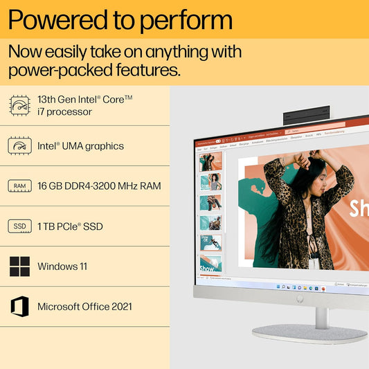 HP ALL-IN-ONE PC 13TH GEN INTEL CORE I7 27 INCH (68.6CM) FHD 16GB RAM, 1TB SSD, INTEL UMA GRAPHICS, 710 WHITE WIRELESS KEYBOARD AND MOUSE COMBO (WINDOWS 11 HOME, MSO 21, SHELL WHITE, 6.72 KG) 27-CR0403IN
