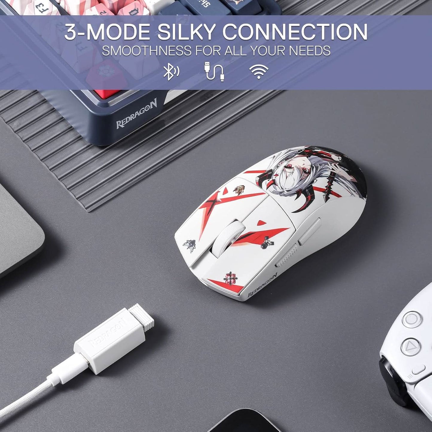 Redragon M916AK PRO 3-Mode Anime Gaming Mouse- White