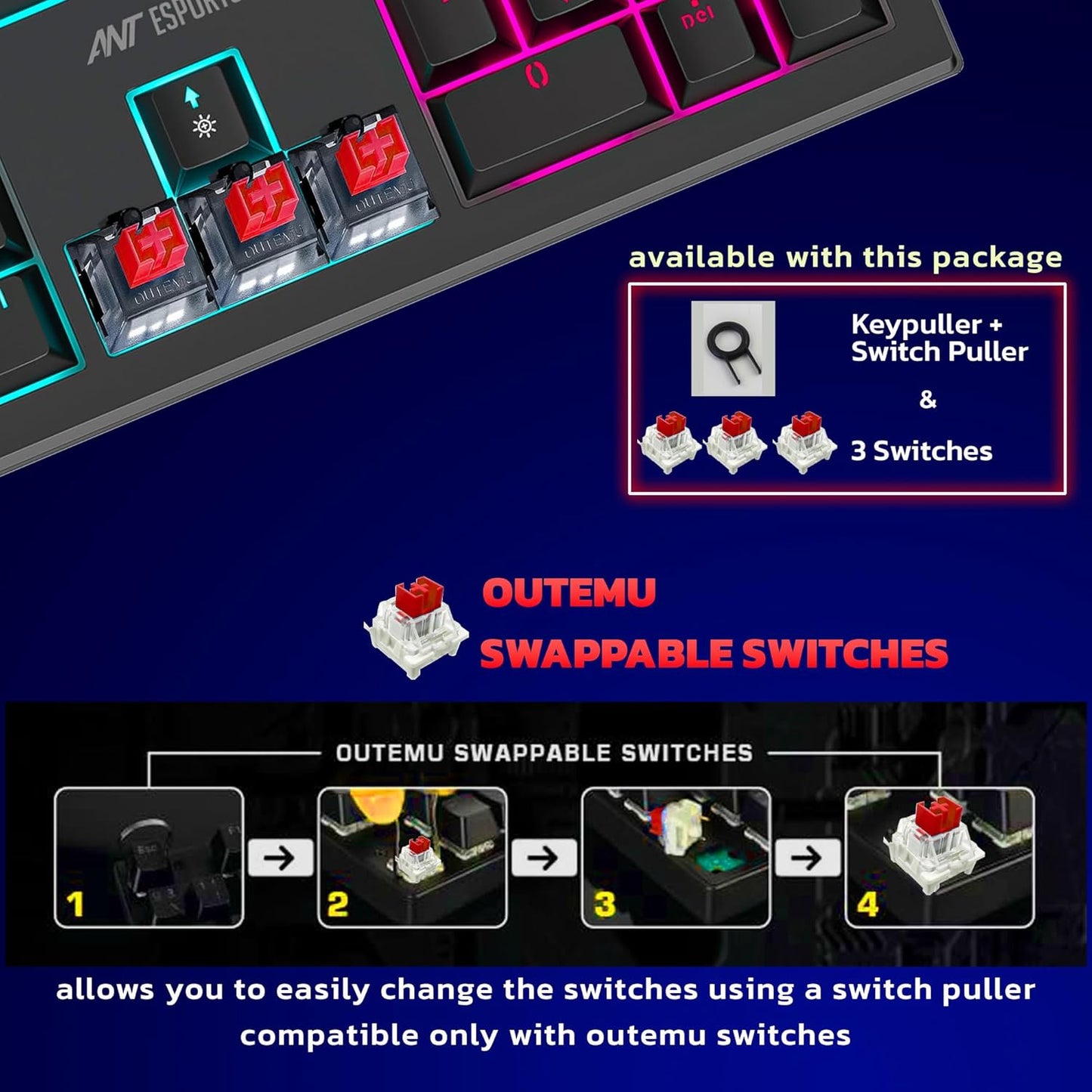 Ant Esports MK1850 Mechanical Wired Gaming Keyboard Red Switch Hot-Swap Mech Keyboard - Black