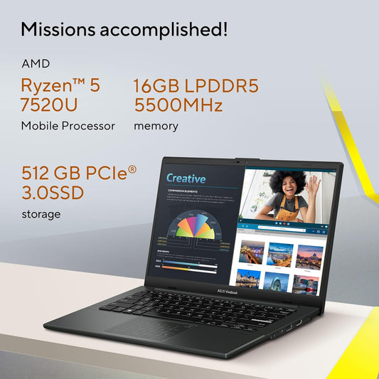 ASUS VIVOBOOK GO 14, AMD RYZEN 5 7520U,THIN & LIGHT LAPTOP (AMD RADEON IGPU/16GB RAM/512GB SSD/FHD/14/60HZ/42WHRS/WINDOWS 11/M365 BASIC (1YEAR)*/OFFICE HOME 2024/MIXED BLACK/1.38 KG) E1404FA-NK5542WS