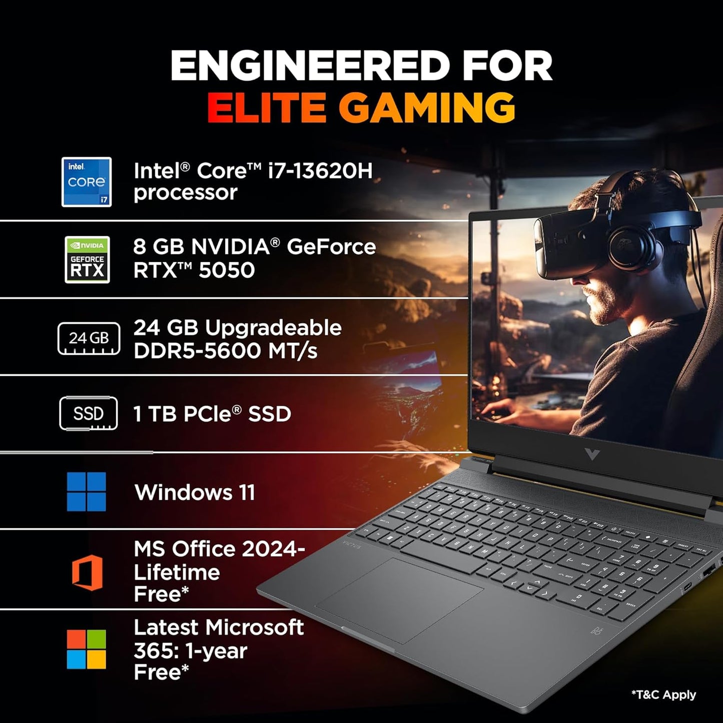 HP Victus, 13th Gen Intel Core i7-13620H, 8GB RTX 5050 (Upgradeable 24GB DDR5, 1TB SSD) FHD, 144Hz, IPS, 300nits, 15.6''/39.6cm, Win11, M365*Office24, Mica Silver, 2.29kg, fa2309TX, RGB, Gaming Laptop
