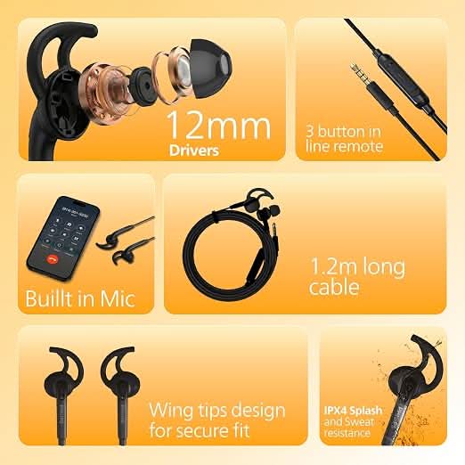 Philips In-Ear Sports Wired Earphones with Mic Black 1009BKHPWRD