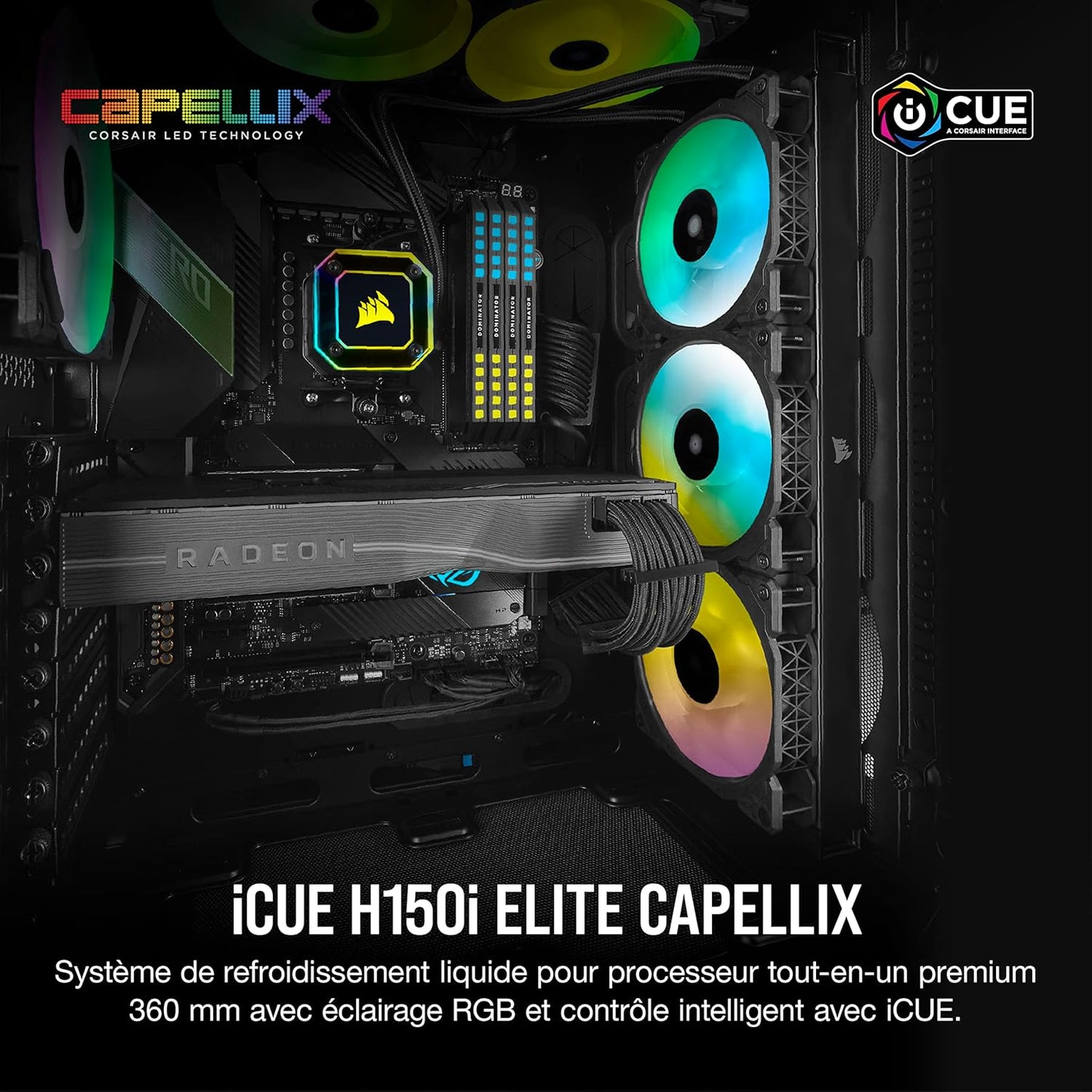 CORSAIR ICUE H150I ELITE CAPELLIX, 360MM RADIATOR, TRIPLE 120MM ML SERIES PWM FANS, RGB LIGHTING AND FAN CONTROL WITH SOFTWARE, LIQUID CPU COOLER