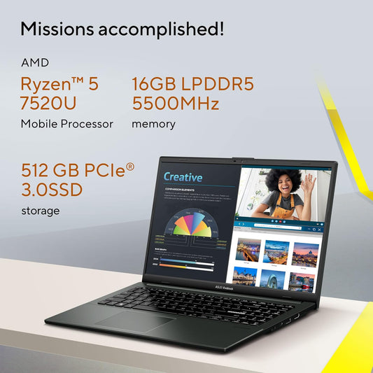 ASUS VIVOBOOK GO 15, AMD RYZEN 5 7520U,THIN & LIGHT LAPTOP (AMD RADEON IGPU/16GB RAM/512GB SSD/FHD/15.6"/60HZ/CHICLET KEYBOARD/50WHRS/WINDOWS 11/OFFICE 2021/MIXED BLACK/1.63 KG) E1504FAB-LK549WS