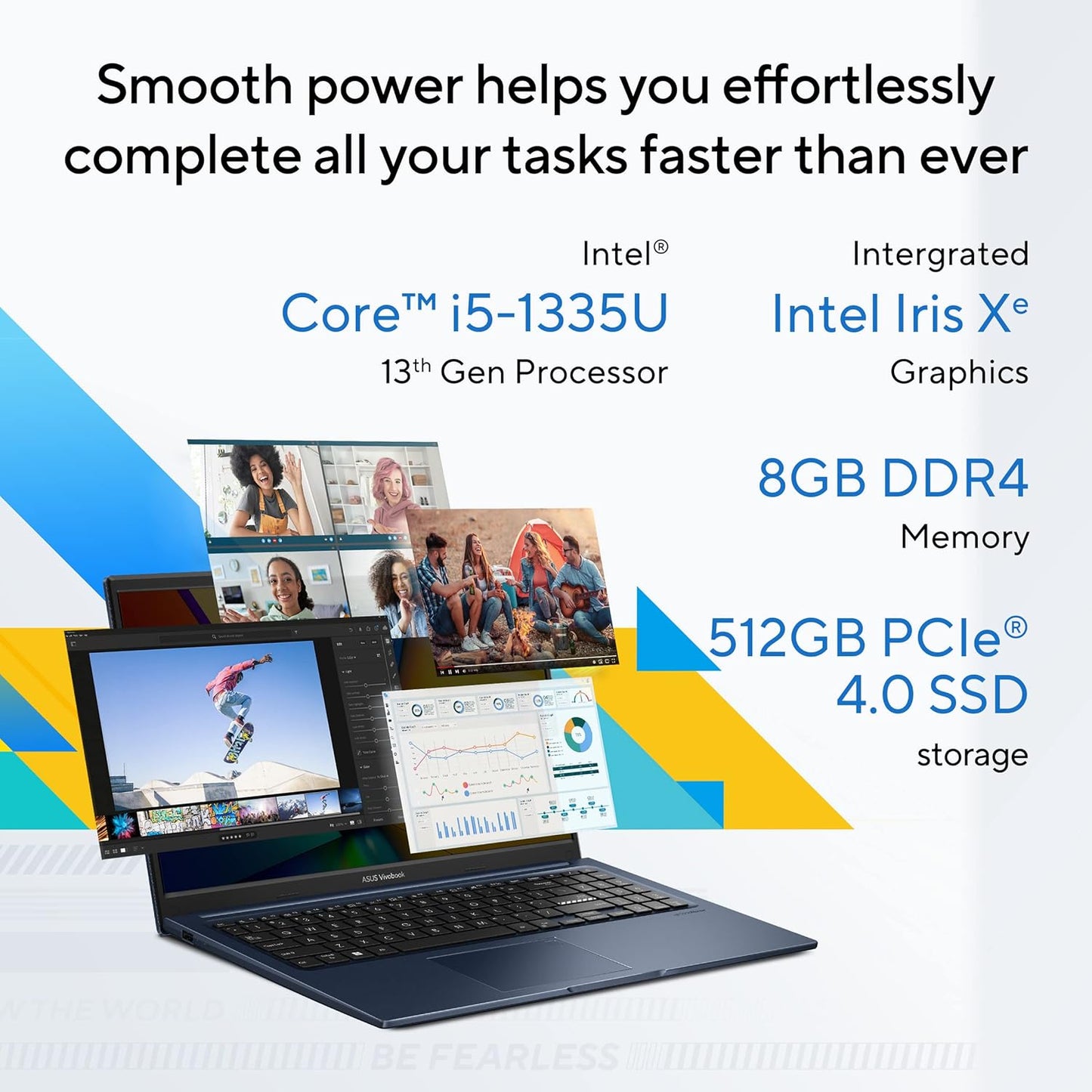 ASUS VIVOBOOK 15 (2023), INTEL CORE I5-1335U 13TH GEN, THIN AND LIGHT LAPTOP, 15.6" (39.62 CMS) FHD, (8GB RAM /512GB SSD/INTEL IRIS X?/WINDOWS 11/OFFICE 2021/FINGERPRINT/BLUE/1.7 KG), X1504VA-NJ523WS