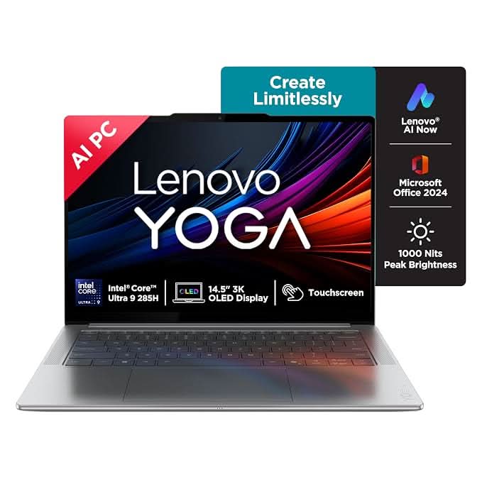 Lenovo Yoga Pro 7 Aura Edition Intel Evo Core Ultra 9 285H (32GB RAM/1TB SSD/14.5 Inch (36.8cm)/3K OLED Touchscreen/AI PC/Copilot+ PC/Windows 11/Office Home 2024 AI Now/Grey/1.5Kg), 83KF004CIN