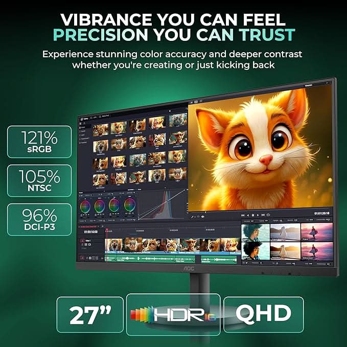 AOC 27 IPS, QHD 2560 x 1440, 100 Hz, 250 cd/m², 4 ms, HDMI 2.0 x 1, DP 1.2 x1, NTSC 99% / sRGB 120%