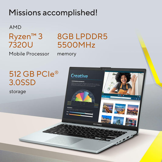 ASUS VIVOBOOK GO 14 (2023), AMD RYZEN 3 7320U, THIN & LIGHT LAPTOP, 14-INCH (35.56 CM) FHD, (8GB RAM /512GB SSD/WINDOWS 11/OFFICE 2021/ALEXA BUILT-IN/GREY GREEN/1.38 KG), E1404FA-NK323WS