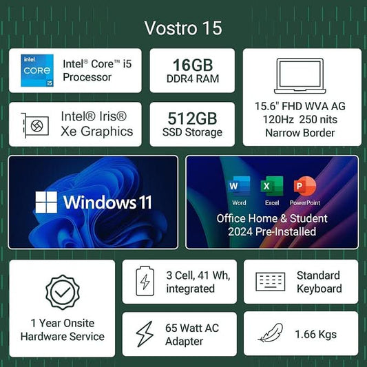 Dell 15 Vostro 3530, Intel Core 13th Gen i5-1334U, 16GB RAM, 512GB SSD,15.6 inch Anti-Glare FHD,  Windows 11, MSO 24, 1.66kg, Thin & Light Laptop, Grey