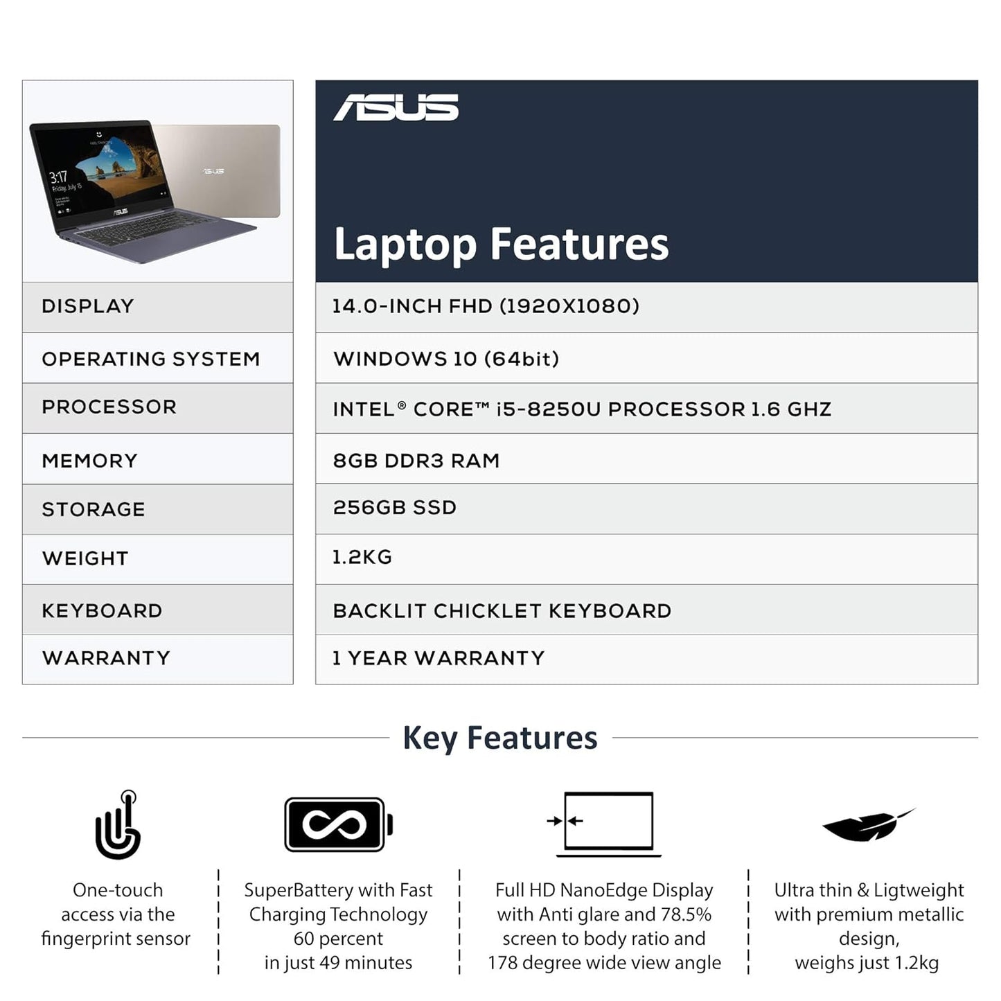 ASUS VIVOBOOK S14 (CORE I5-8TH GEN/8 GB/ 256GB SSD / 14.0" FHD/WINDOWS 10) S406UA-BM165T (STARRY GREY /1.2 KG)