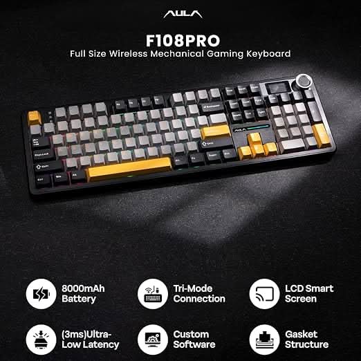 AULA F108 Grey Yellow Wireless Mechanical Gaming Keyboard