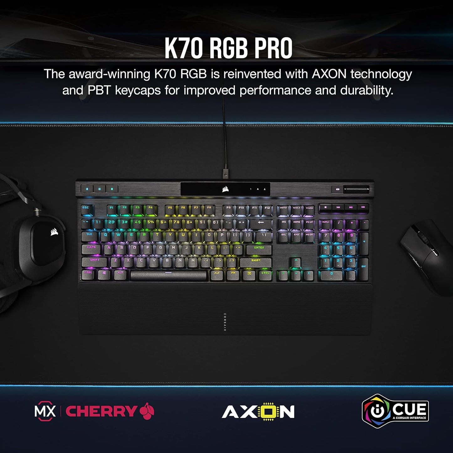 CORSAIR K70 RGB PRO MECHANICAL GAMING KEYBOARD BACKLIT RGB LED CHERRY MX SPEED BLACK PBT KEYCAPS