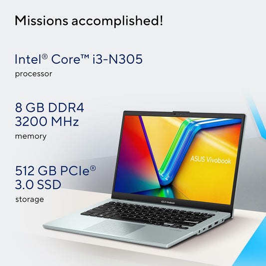ASUS VIVOBOOK GO 14 (2023), INTEL CORE I3-N305, 14" (35.56 CMS) FHD, THIN AND LIGHT LAPTOP (8GB/512GB SSD/INTEGRATED GRAPHICS/WINDOWS 11/OFFICE 2021/FINGERPRINT/GREY/1.38 KG), E1404GA-NK323WS