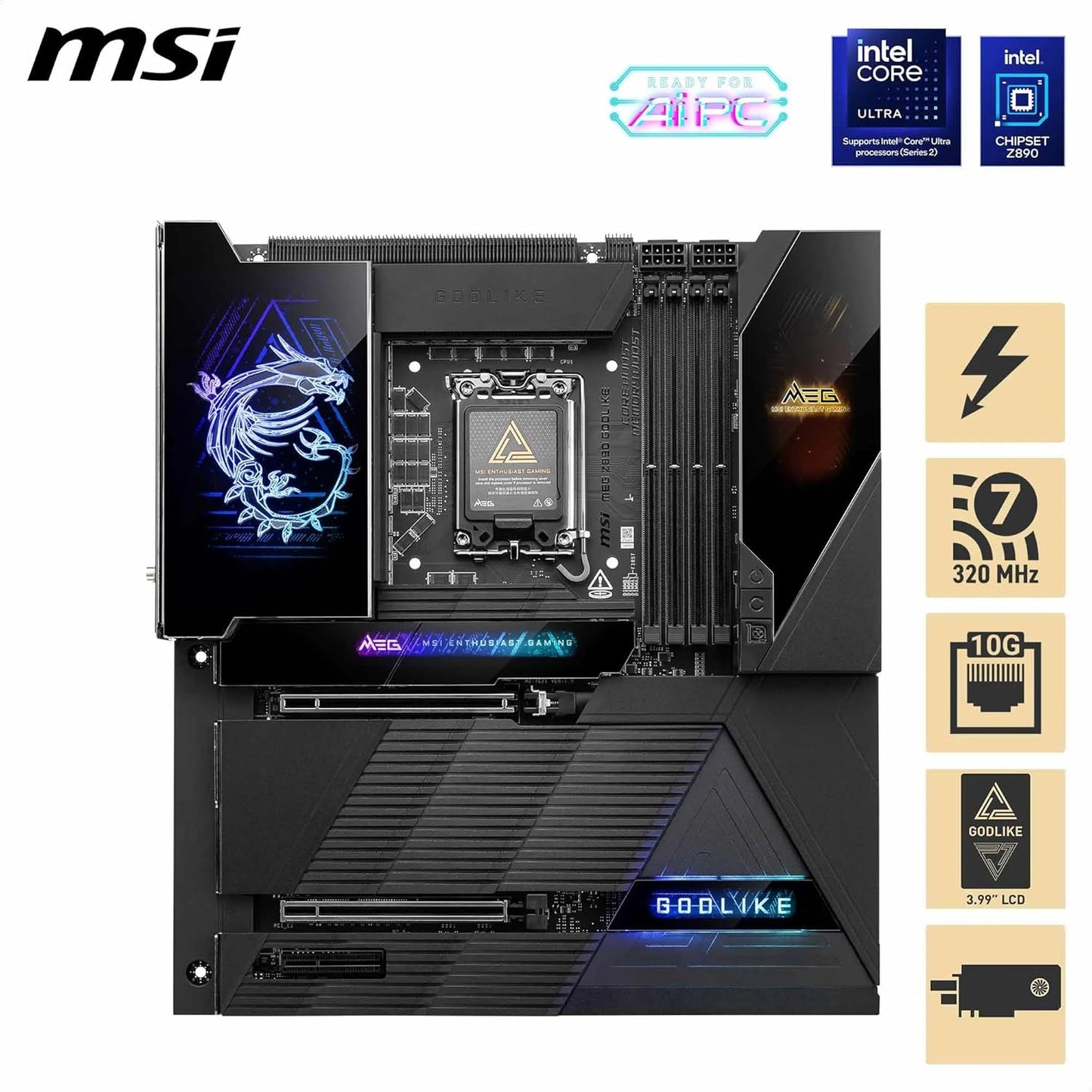 MSI MEG X870E GODLIKE, E-ATX - SUPPORTS AMD RYZEN 9000/8000/7000 PROCESSORS, AM5 - DYNAMIC DASHBOARD III, EZ SLIDE M.2, 110A SPS, DDR5 MEMORY (9000+ MT/S OC), M.2 & PCIE 5.0, USB4, WI-FI 7, 10G LAN