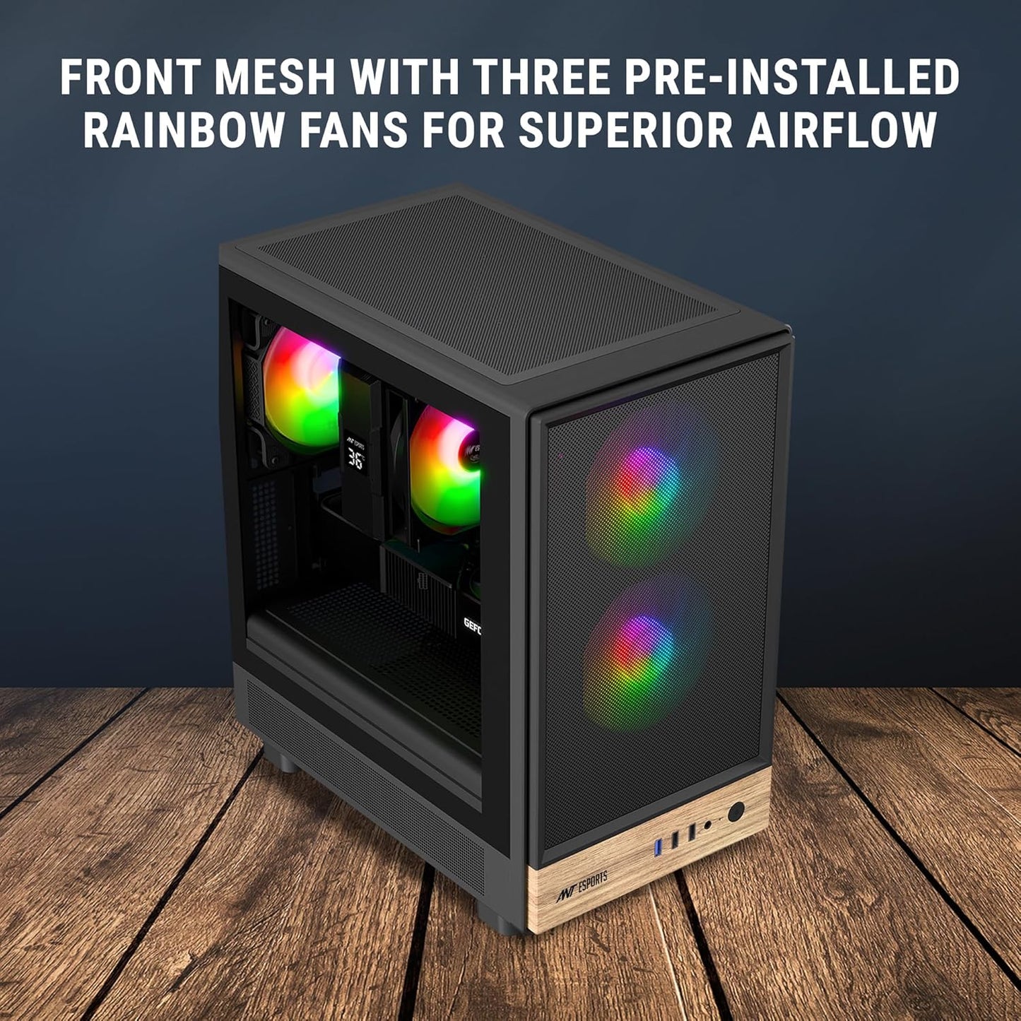 ANT ESPORTS 300 AIR MINI MID-TOWER COMPUTER CASE/GAMING CABINET - BLACK | SUPPORT MICRO-ATX, MINI-ITX | PRE-INSTALLED 2 FRONT & 1 REAR RAINBOW FAN