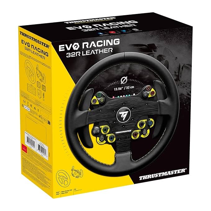 Thrustmaster EVO Racing 32R Round Leather-Wrapped Gaming Wheel and Detachable Hub, For PC and Consoles
