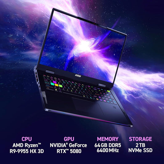 MSI Raider A18 HX 18 120Hz UHD+ Gaming Laptop: AMD Ryzen 9-9955HX3D, NVIDIA Geforce RTX 5080, 64GB DDR5, 2TB NVMe SSD, Type C, Wi-Fi 7, Win 11 Pro: Black A9WIG-082US