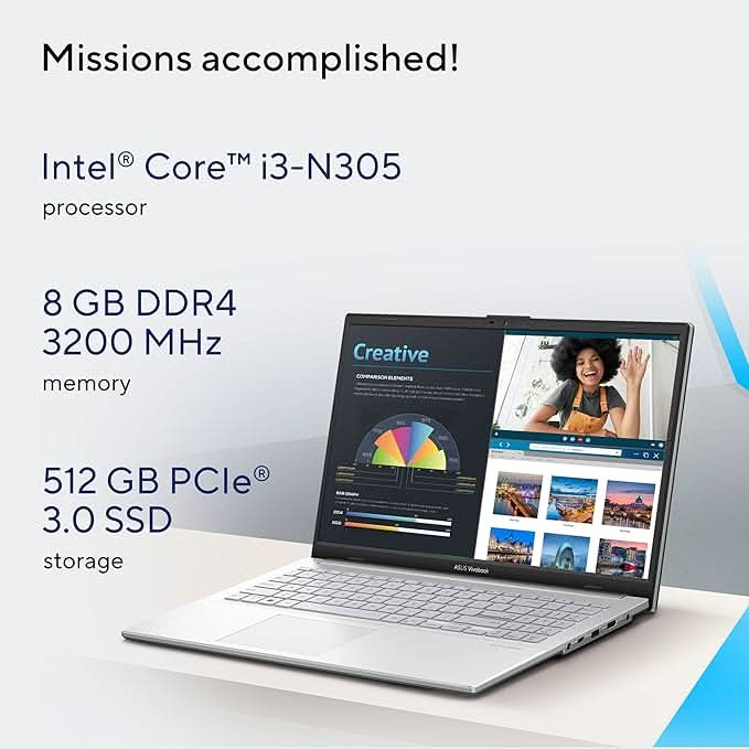 ASUS VIVOBOOK GO 15 OLED INTEL CORE I3-N305 / 8GB DDR4 / 512GB PCIE 3.0 SSD / 15.6-INCH / FHD (1920 X 1080) OLED 16:9 /COOL SILVER /BACKLIT KB / WIN 11 HOME / MS OFFICE LAPTOP E1504GA-LK321WS