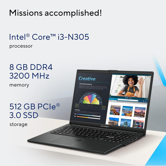 ASUS VIVOBOOK GO 15 OLED (2023), INTEL CORE I3-N305, 15.6" (39.62 CMS) FHD OLED, THIN AND LIGHT LAPTOP (8GB/512GB SSD/WINDOWS 11/OFFICE 2021/BACKLIT KB/BLACK/1.63 KG), E1504GA-LK322WS