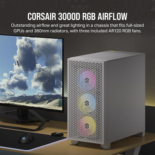 CORSAIR 3000D RGB AIRFLOW TEMPERED GLASS MID-TOWER, WHITE