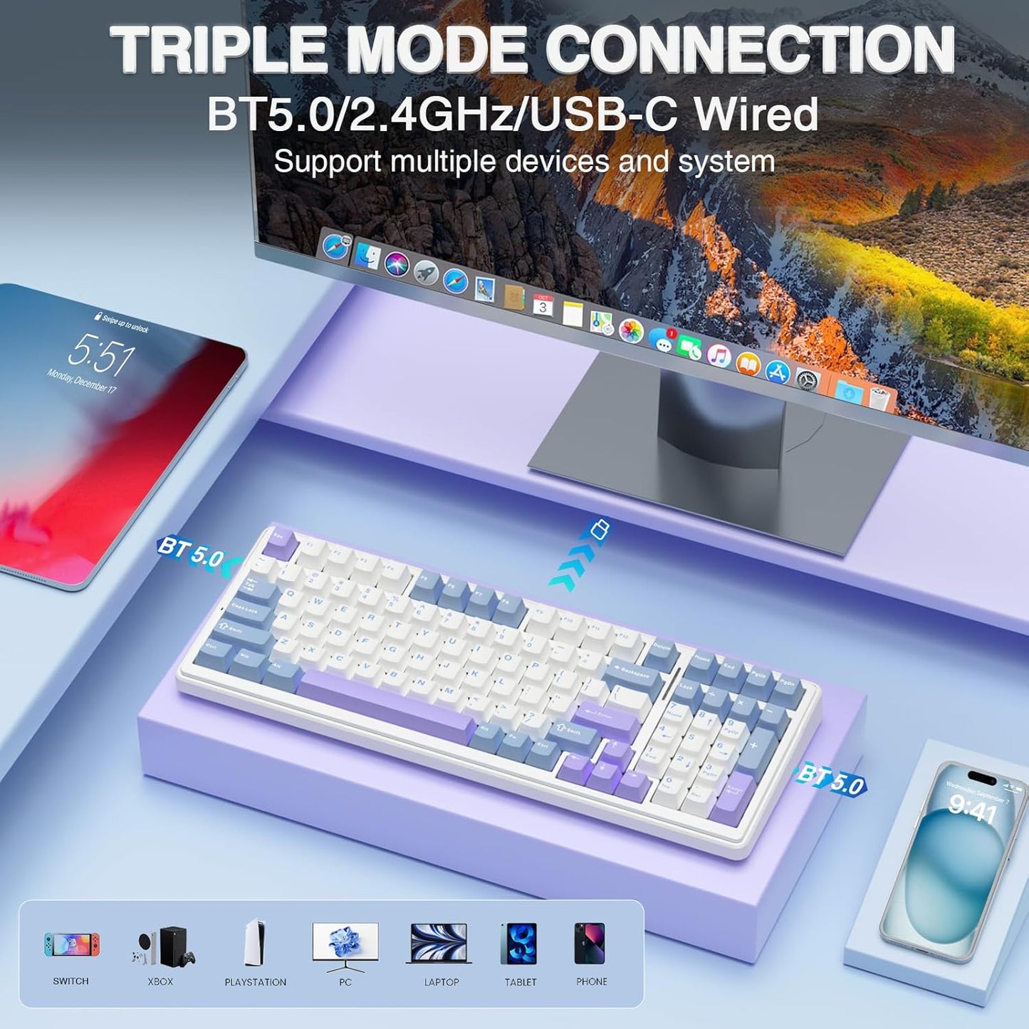 AULA F99 BLUE WHITE GRAYWOOD SWITCH MECHANICAL GAMING KEYBOARD