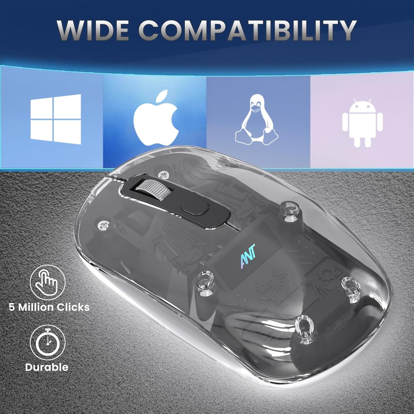 ANT OM140 PRO ULTRA LIGHTWEIGHT TRANSPARENT WIRELESS 2.4GZ BLUETOOTH MOUSE