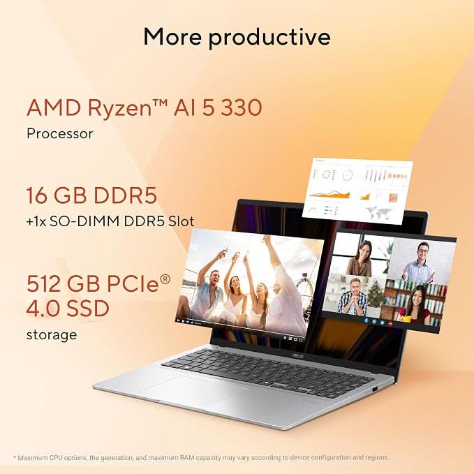 ASUS Vivobook 16 (2026), AMD Ryzen AI 5 330, AMD Radeon iGPU, 16GB RAM, 512GB SSD, FHD+, 16 Inch (40 cm), Windows 11 Home, M365 Basic (1 Year), Office 2024, Cool Silver, M1607KA-MB269WS, Thin and Light Laptop