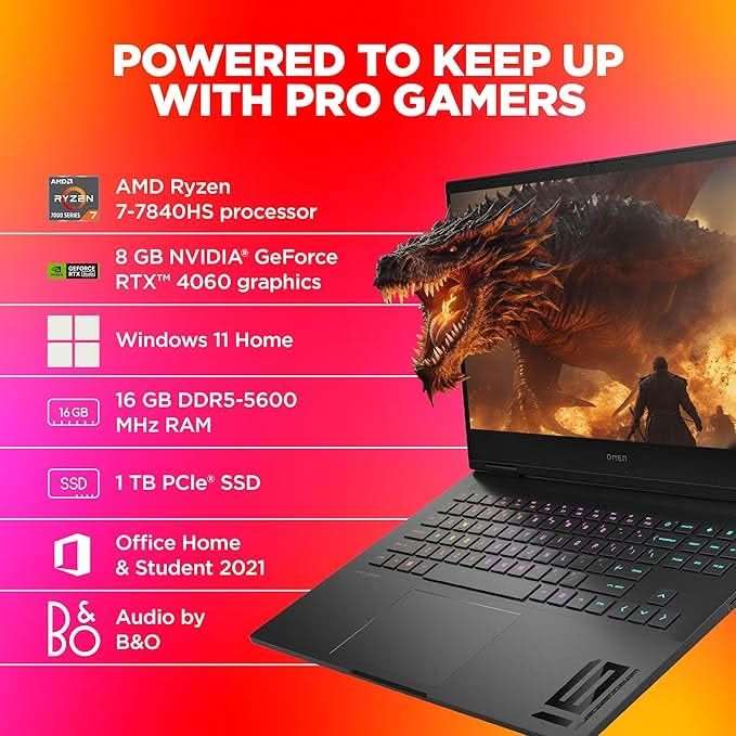 HP [SMART CHOICE OMEN GAMING LAPTOP,AMD RYZEN 7 7840HS,8GB RTX 4060 GPU,16.1 INCH(40.9 CM),FHD,IPS,165 HZ,300 NITS,16GB DDR5,1TB SSD,RGB KB,7MS RESPONSE TIME (WIN 11,BLACK,2.32 KG),XD0020AX