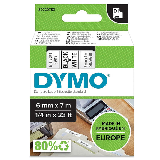 DYMO Authentic D1 Labels, Black Print on White Tape, 6mm x 7m, Self-Adhesive Labels for LabelManager & MobileLabeler Label Printers