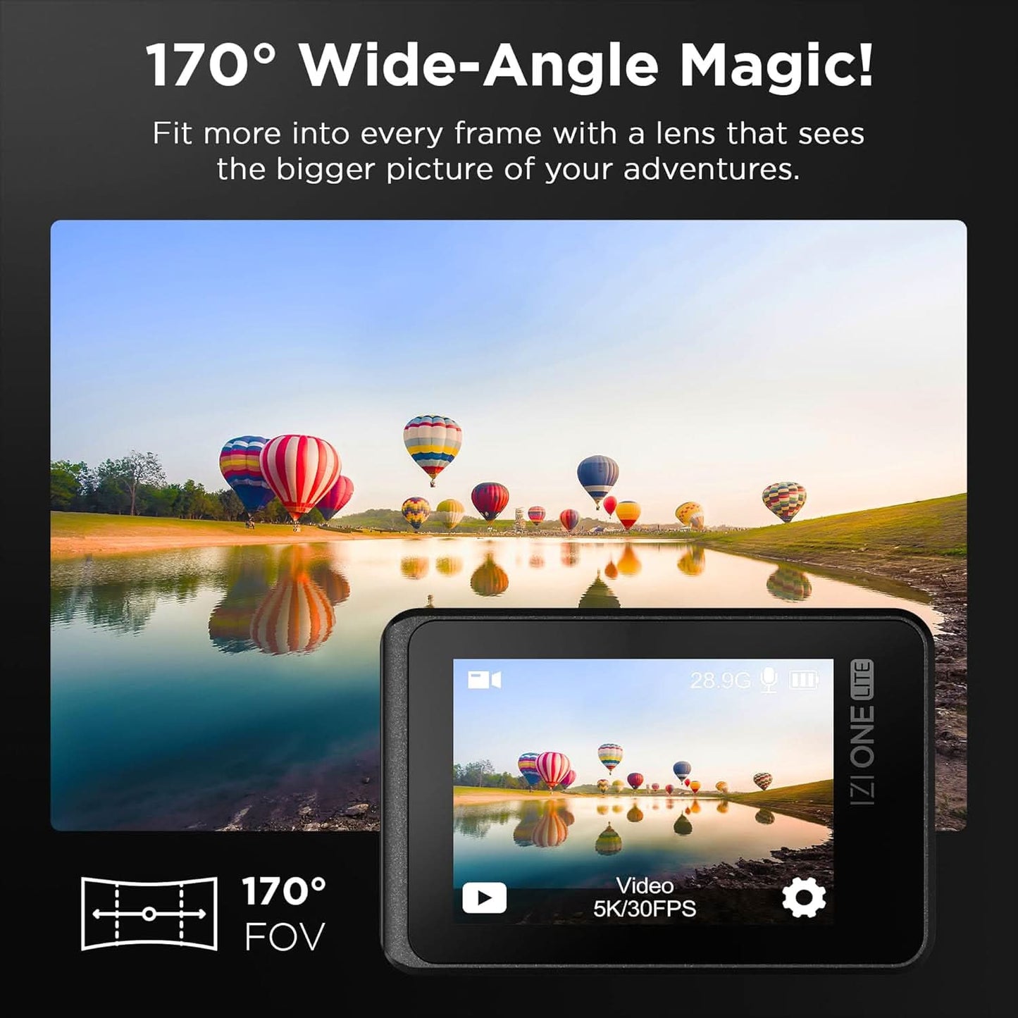 IZI One Lite 5K Action Camera 4K 60FPS 50MP Ultra HD Dual Screen EIS Stabilization 170 Wide Angle 30M Waterproof 2 Batteries 180 Min 18+ Accessories 256GB Support for Sports Bike Diving Vlog Travel