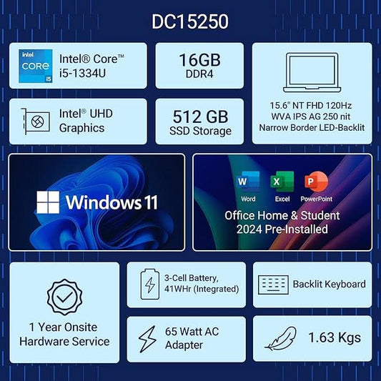 Dell DC15250, 15.6" (39.62 cm) FHD Laptop with Intel Core i5-1334U, 16GB RAM, 512GB SSD, 120Hz, 250 Nits Display, Wi-Fi 6, Windows 11 Home, MSO 11â€“Sleek, Fast & Reliable for Work, Study & Everyday Use