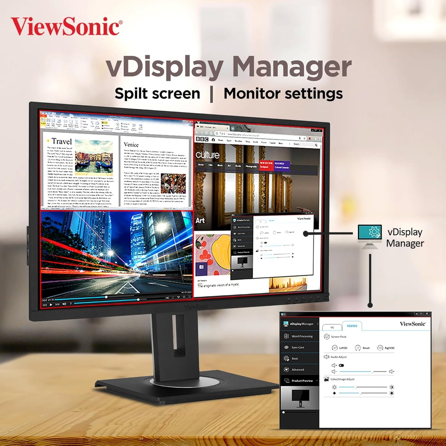 ViewSonic VG2448 60.96 Cm (24") Full HD IPS Professional Monitor| Dual Speakers| Hight Adjustable | Tilt,Pivort,Swivel |USB Hub, DP, HDMI, VGA | Srgb104%, vDisplay Manager