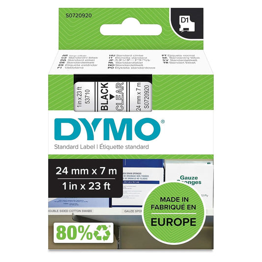 DYMO Authentic D1 Labels, 24mm x 7m Roll, Black Print on Clear Tape, Self-Adhesive Labels for LabelManager & MobileLabeler Label Printers