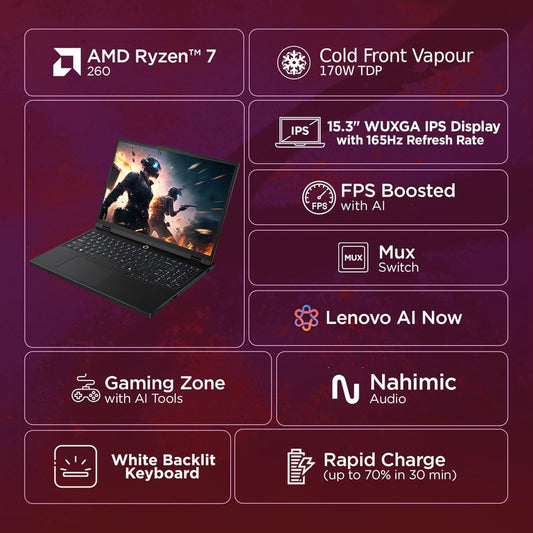 Lenovo Legion 5, AMD Ryzen 7 260, 16GB, 1TB SSD, GeForce RTX 5060-8GB GDDR7, 16 Inch WUXGA, Win 11, MS Office 2024, Black, 83M00074IN