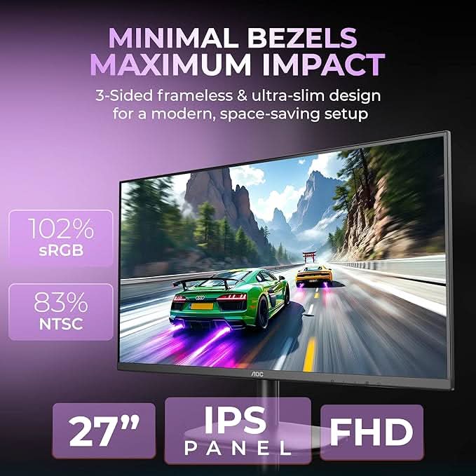 AOC 27 IPS Borderless, FHD 1920 x 1080, 100 Hz, 250 cd/m², 4 MS, HDMI 1.4 x 2, NTSC 83% / sRGB 102% / Adaptive Sync/ Flicker Free / Low Blue Mode