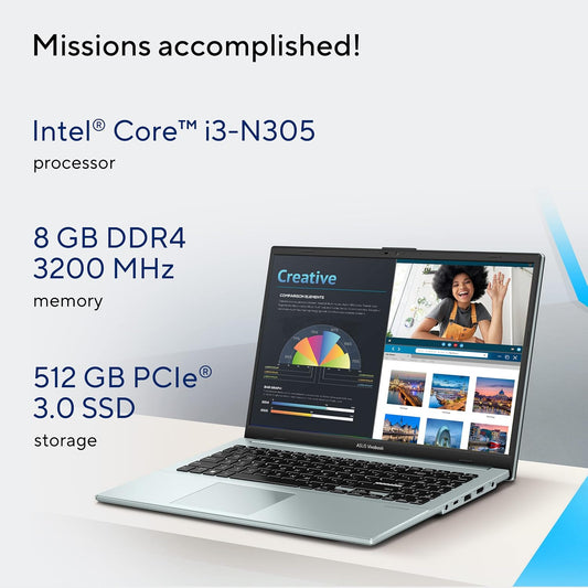 ASUS VIVOBOOK GO 15 OLED (2023), INTEL CORE I3-N305, 15.6" (39.62 CMS) FHD OLED, THIN AND LIGHT LAPTOP (8GB/512GB SSD/WINDOWS 11/OFFICE 2021/BACKLIT KB/GREY/1.63 KG), E1504GA-LK323WS