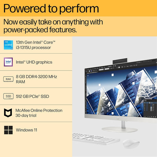 AIO HP 27 CR0345IN [CI3-1315U 13TH GEN/8GB/512GB SSD/WIN11 HOME+MSO/27.0 INCH/INTEGRATED GRAPHICS /1 YEAR(S)//WHITE]