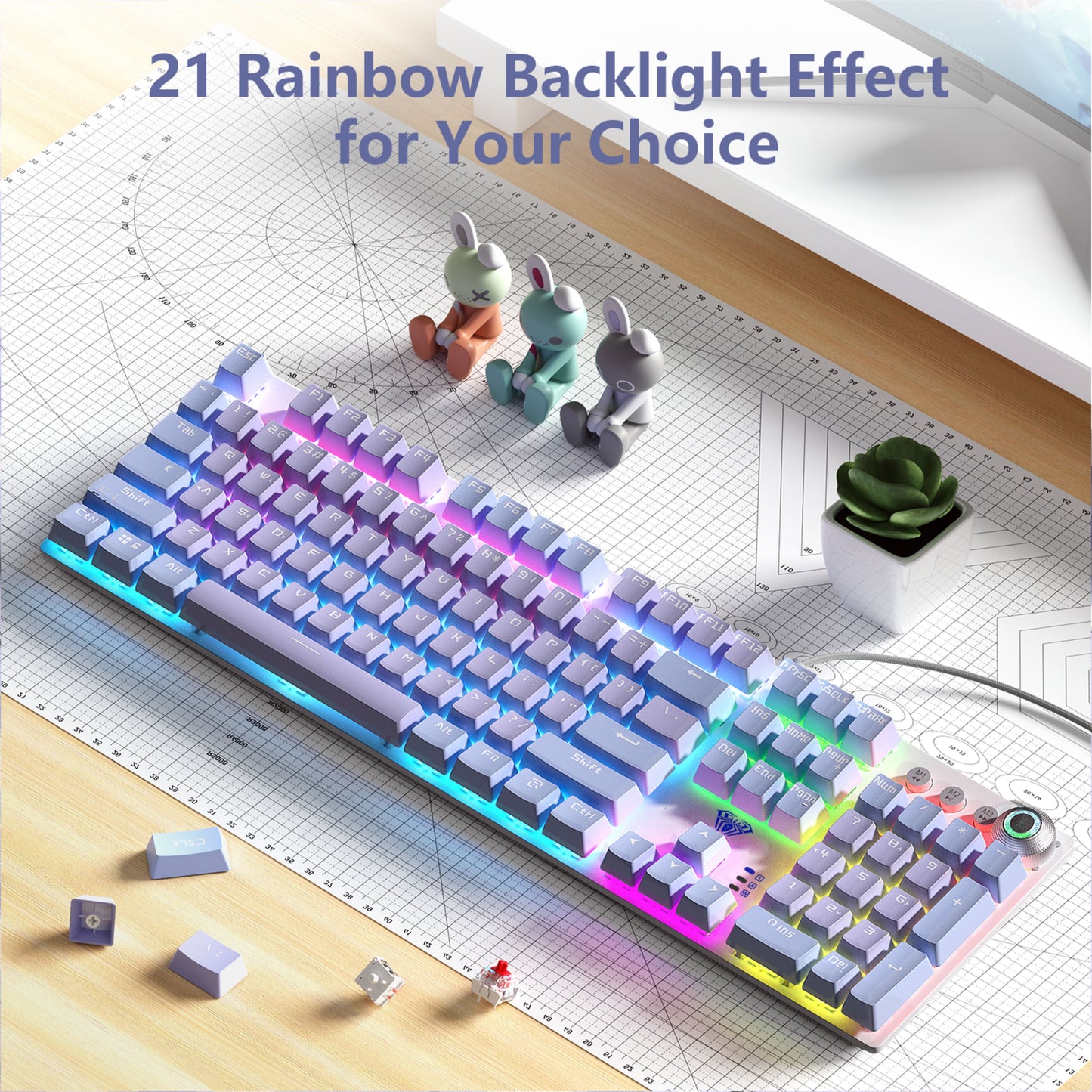 AULA F2088Pro Full Size USB Wired Mechanical Gaming Keyboard with Media Knob | RGB Rainbow Backlit, Removable Upper Cover, 108 Programmable Keys Keyboards for Mac/Windows | Purple, Red Switches