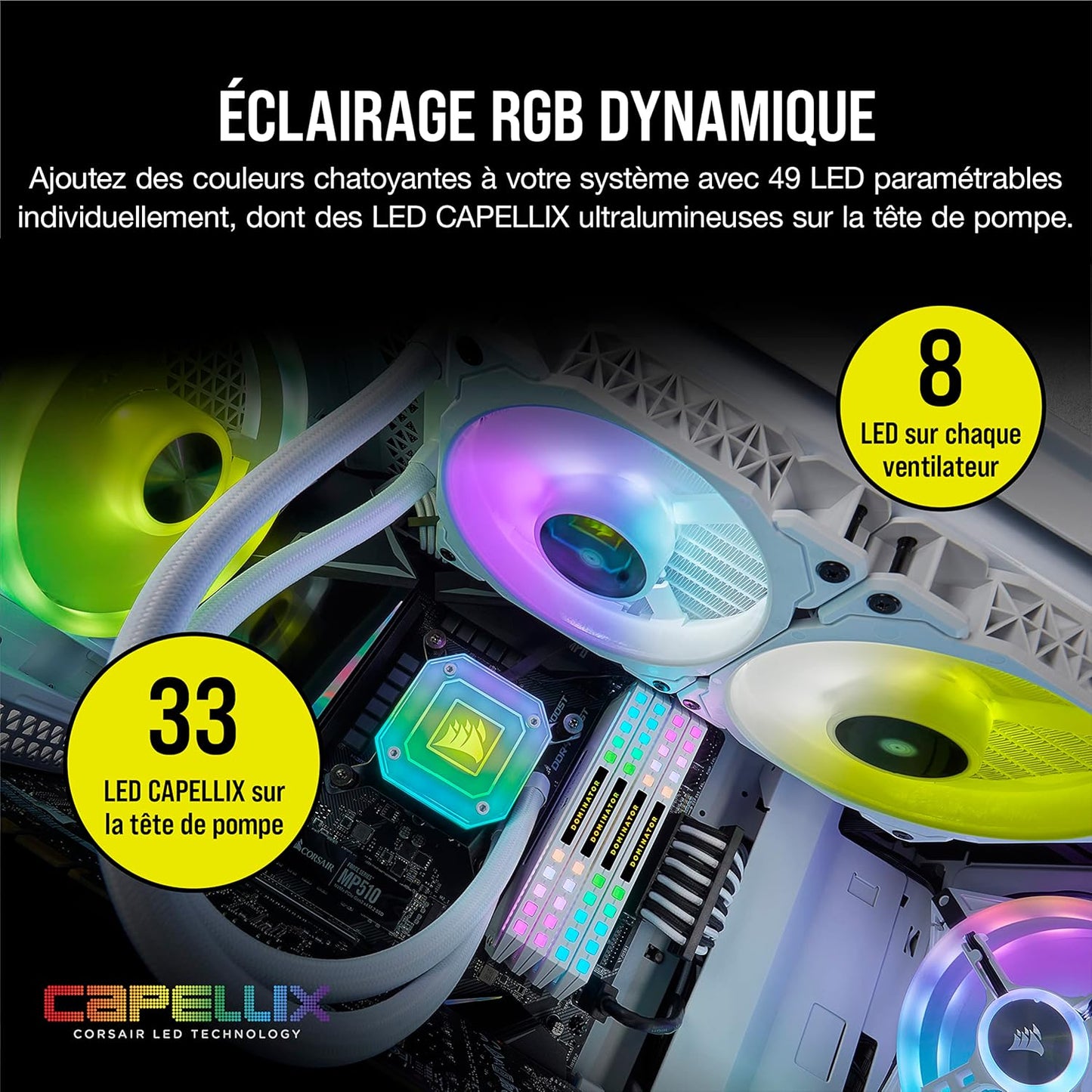 CORSAIR ICUE H100I ELITE CAPELLIX WHITE, 240MM RADIATOR, DUAL 120MM ML SERIES PWM FANS, RGB LIGHTING AND FAN CONTROL WITH SOFTWARE, LIQUID CPU COOLER