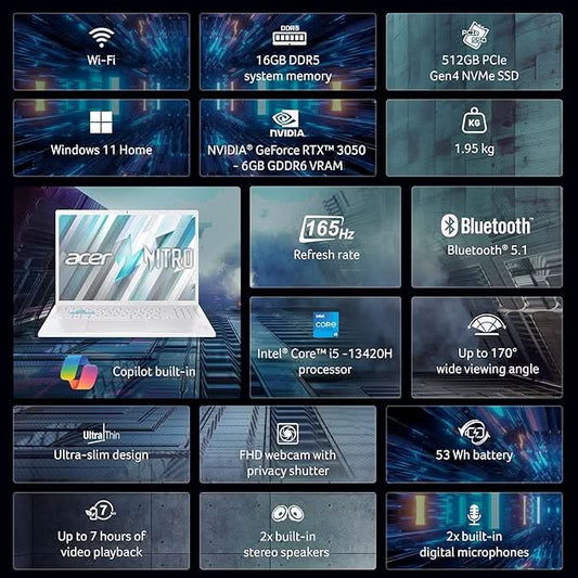acer Nitro Lite 16, 13th Gen, Intel Core i5-13420H Processor,NVIDIA GeForce RTX 3050-6 GB GDDR6, 16GB/ 512 GB, 16.0"/40.64 cm, 165 Hz, Win 11 Home, White, 1.95 kg, NL16-71G, Backlit KB,Gaming Laptop
