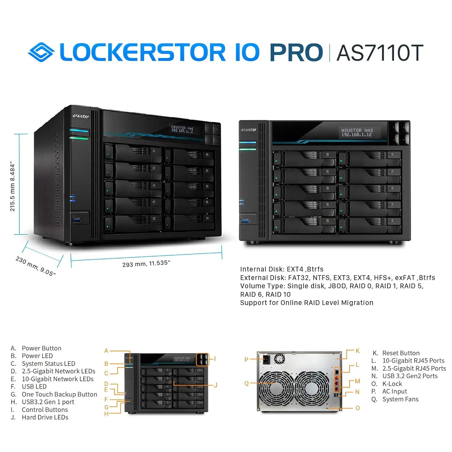 ASUSTOR AS7110T 10-Bay NAS | 10GbE + 2.5GbE, 8GB DDR4 ECC, Energy-Efficient Diskless Storage Server
