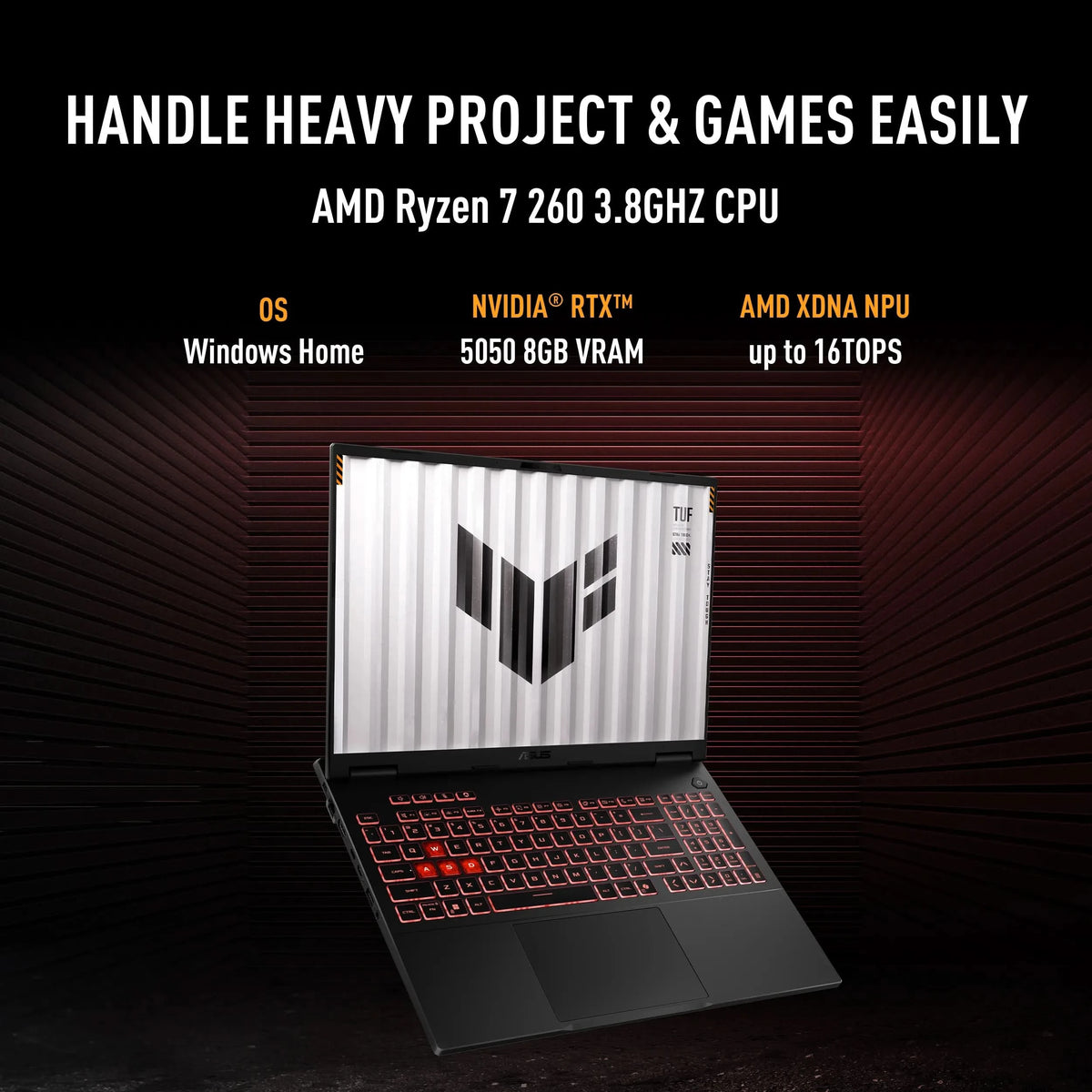 ASUS TUF Gaming A16 FA608UHI-TU238WS, AMD Ryzen 7 260, RTX 5050 GPU, 16GB, 512GB, 16 inch FHD+, Windows 11 Home, Office Home 2024, M365 Basic-1 Year Validity, Gaming Laptop