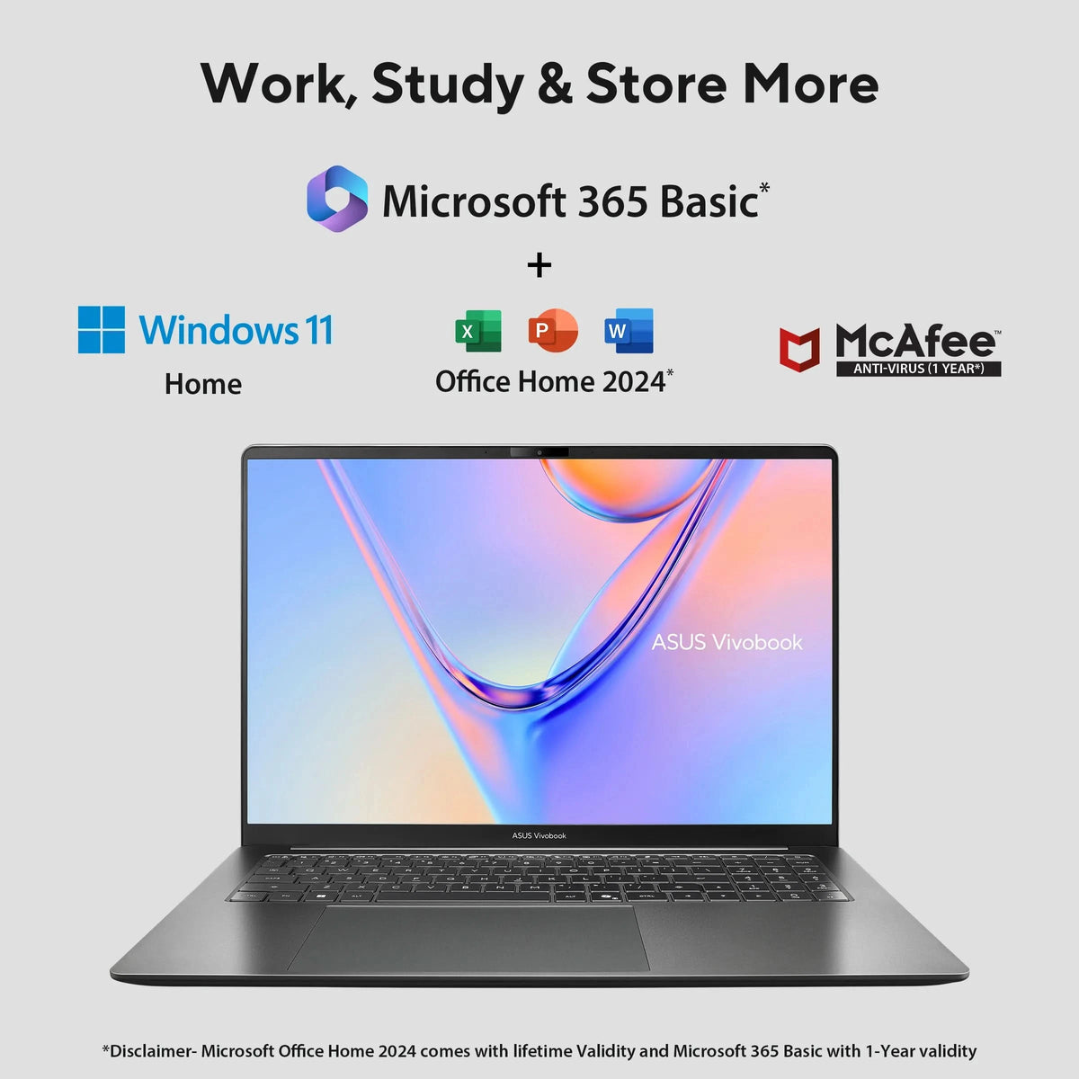 ASUS Vivobook S16, AI Powered Laptop, Intel Core 7 350,16GB RAM, 512GB SSD, Intel Graphics, 16 inch FHD+, Windows 11 Home, Office Home 2024 and M365 Basic-1 Year Validity, S5652MA-TK191WS