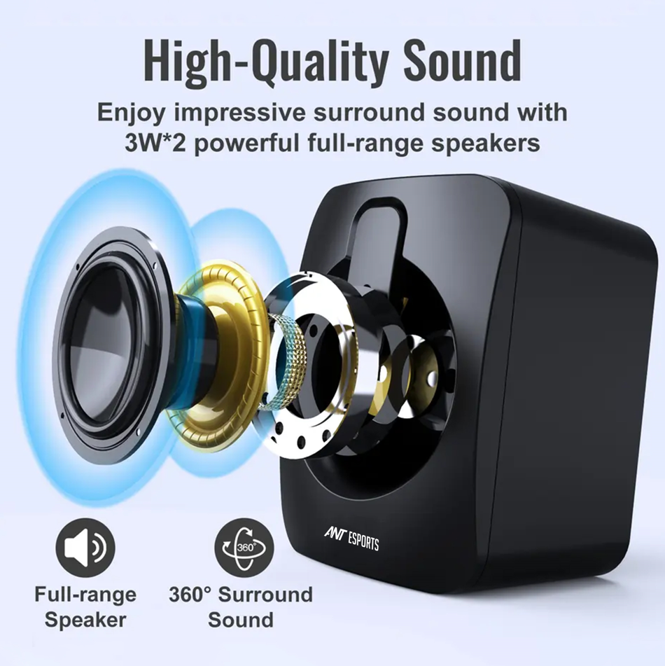 ANT ESPORTS GS170 GAMING SPEAKER FOR PC, STEREO 2.0 USB POWERED DESKTOP SPEAKER WITH 3.5 MM AUX-IN, IN-LINE VOLUME CONTROL, RGB LED LIGHTS MINI MULTIMEDIA SPEAKERS FOR PC, LAPTOP, TABLET, CELLPHONE