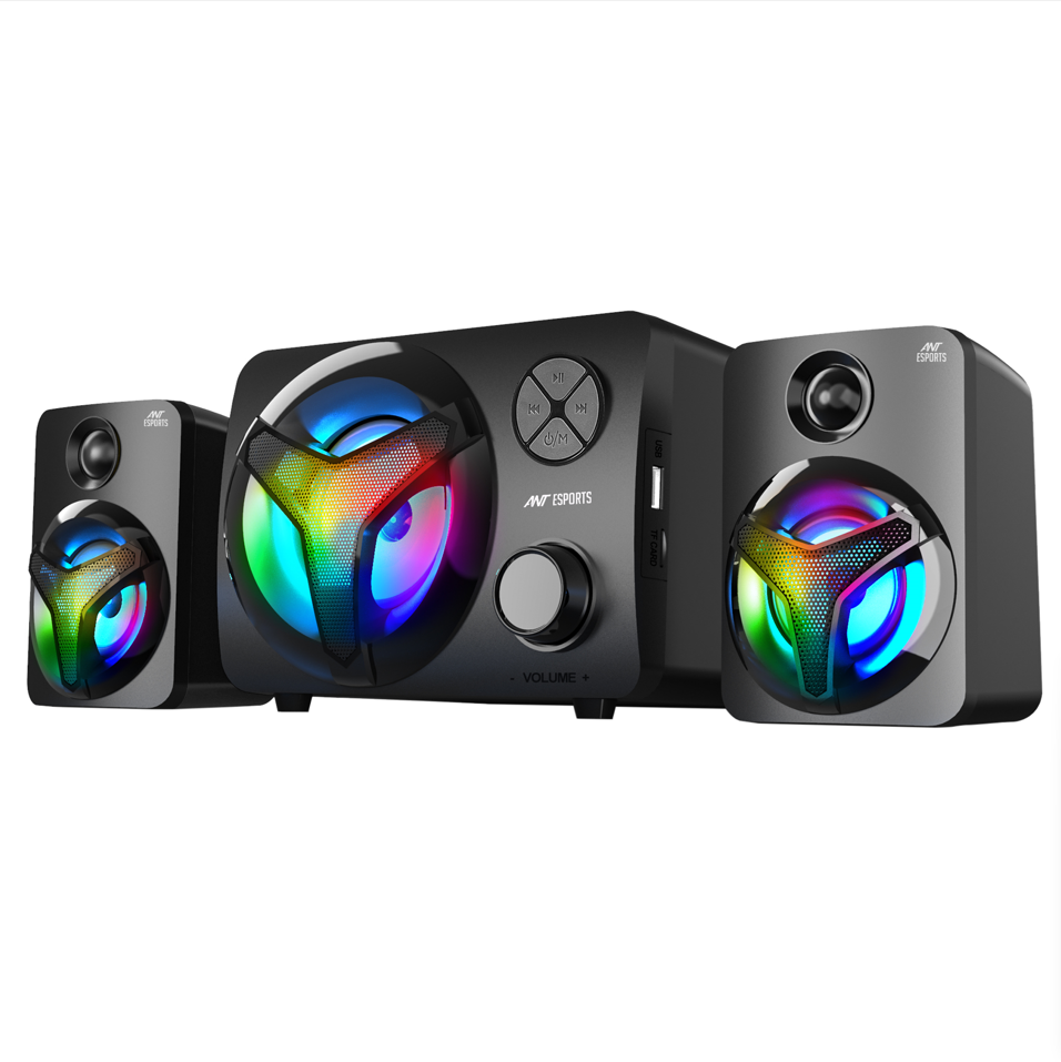 ANT ESPORTS GS350 PRO 2.1 STEREO GAMING SPEAKERS 15W, USB POWERED BLUETOOTH DESKTOP SPEAKER PLUS 3.5 MM AUX-IN, IN-LINE VOLUME CONTROL, RGB LED LIGHTS MULTIMEDIA SPEAKERS FOR PC, LAPTOP, TABLET, CELLP