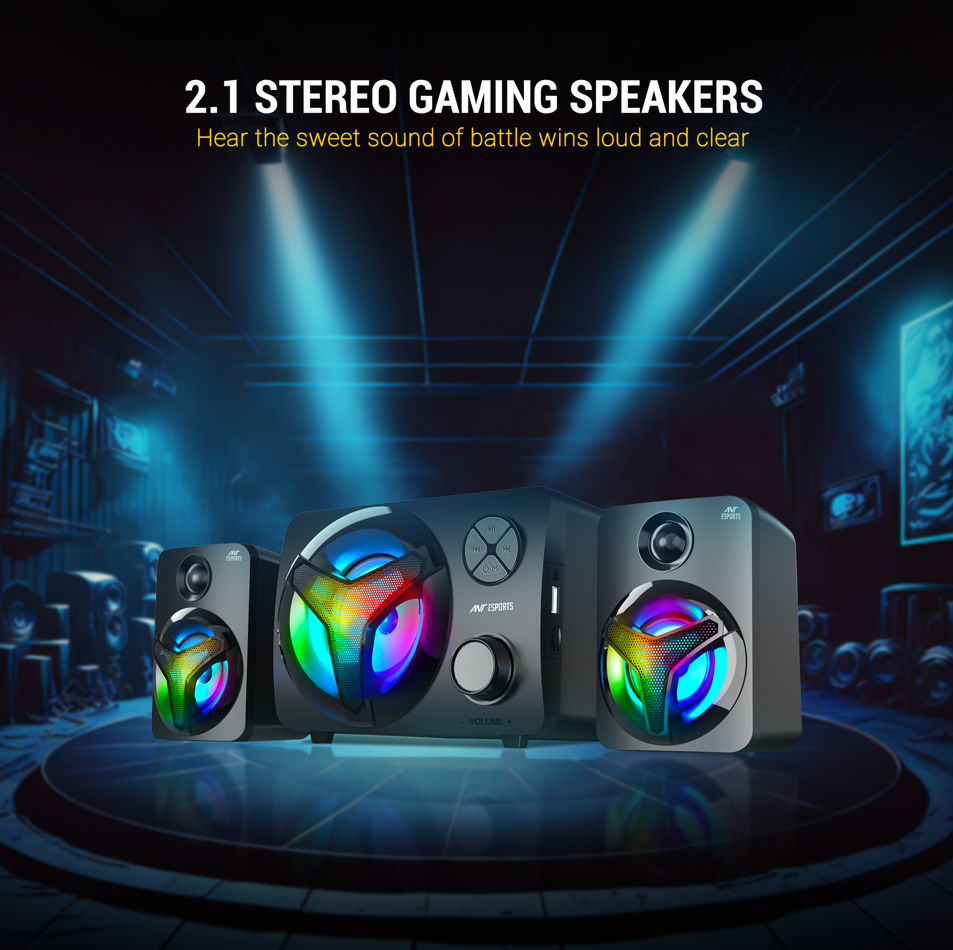 ANT ESPORTS GS350 PRO 2.1 STEREO GAMING SPEAKERS 15W, USB POWERED BLUETOOTH DESKTOP SPEAKER PLUS 3.5 MM AUX-IN, IN-LINE VOLUME CONTROL, RGB LED LIGHTS MULTIMEDIA SPEAKERS FOR PC, LAPTOP, TABLET, CELLP