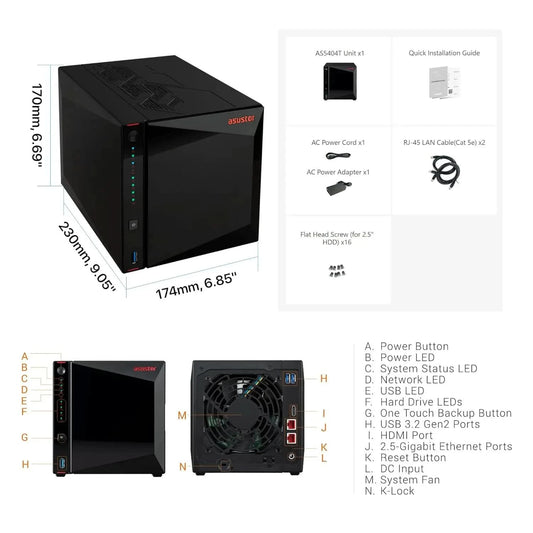 Asustor AS5404T Nimbustor 4 Gen2, 4 Bay NAS Storage, Quad-Core 2.0GHz CPU, 4xM.2 NVMe SSD Slots, 2x2.5GbE Ports, 4GB DDR4 RAM, Gaming Network Attached Storage, Home Personal Cloud Storage