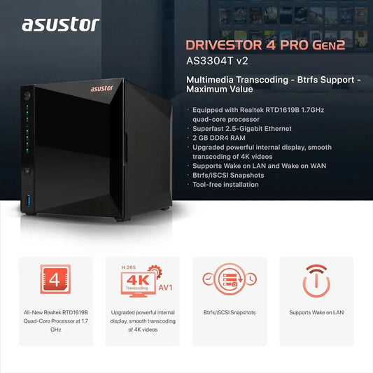 Asustor Drivestor 4 Pro Gen2 AS3304T v2, 4 Bay NAS, 1.7GHz Quad-Core, 2.5GbE Port, 2GB RAM DDR4, Best Value for Home Media Server, Network Attached Storage